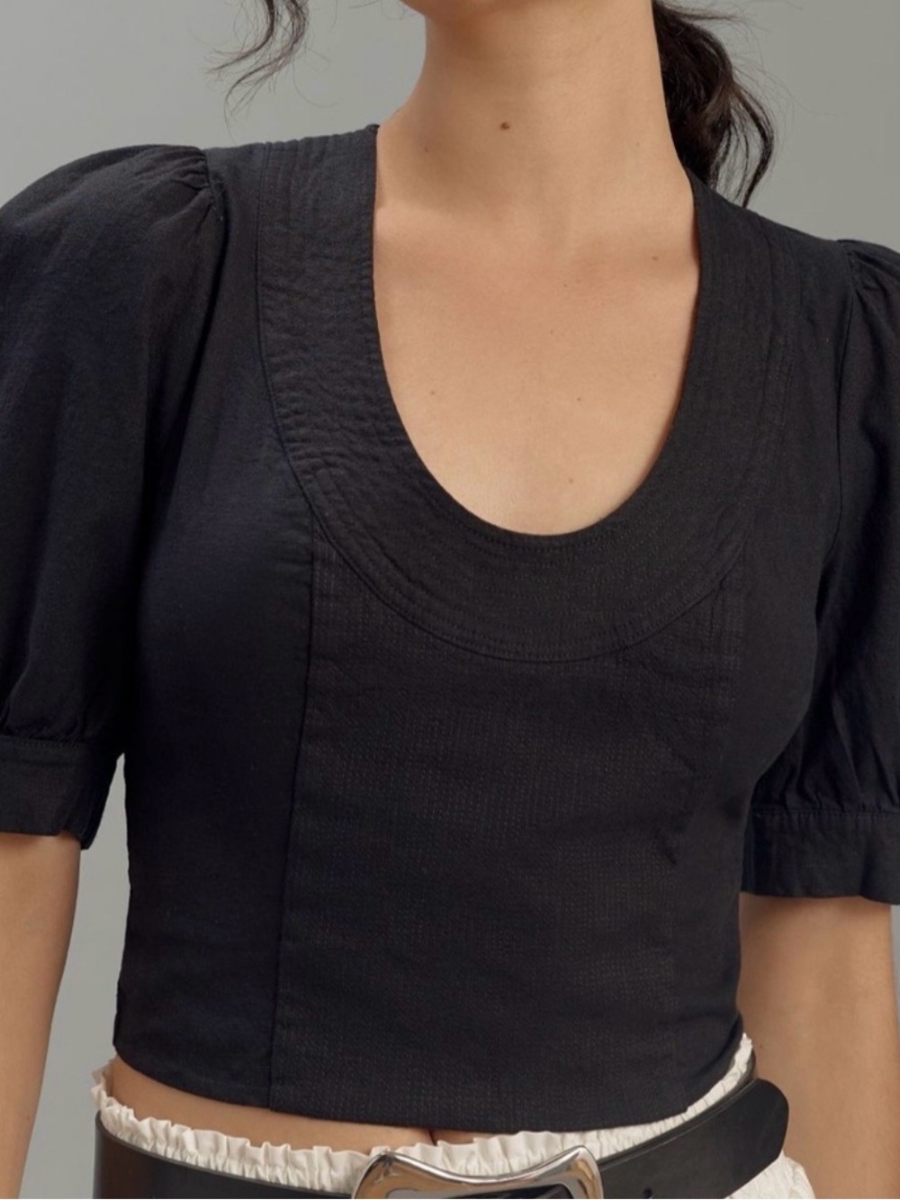 Anthropologie Black Puff Sleeve Scoop Neck Linen Blend Top Cropped Minimalist